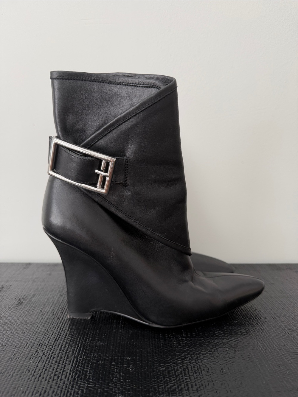 Zara Black Leather Wedge Ankle Boots with Silver Buckle